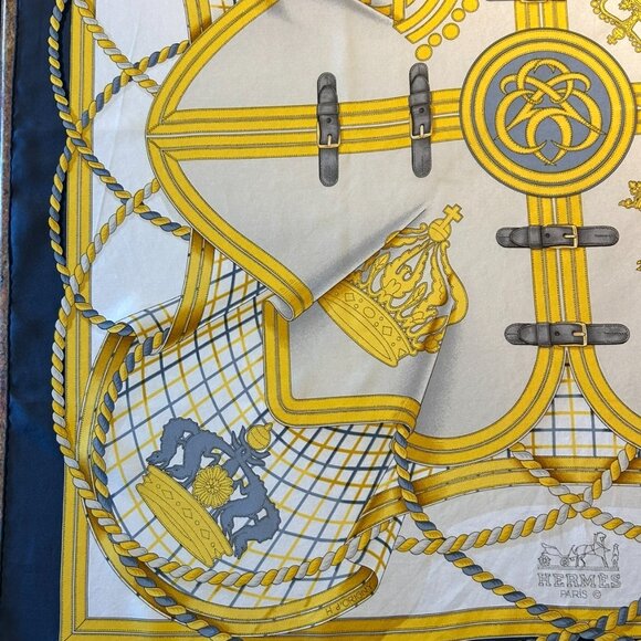 Vintage Hermes Grande Tenue Silk Scarf Blues and Golden Yellow - Picture 2 of 13